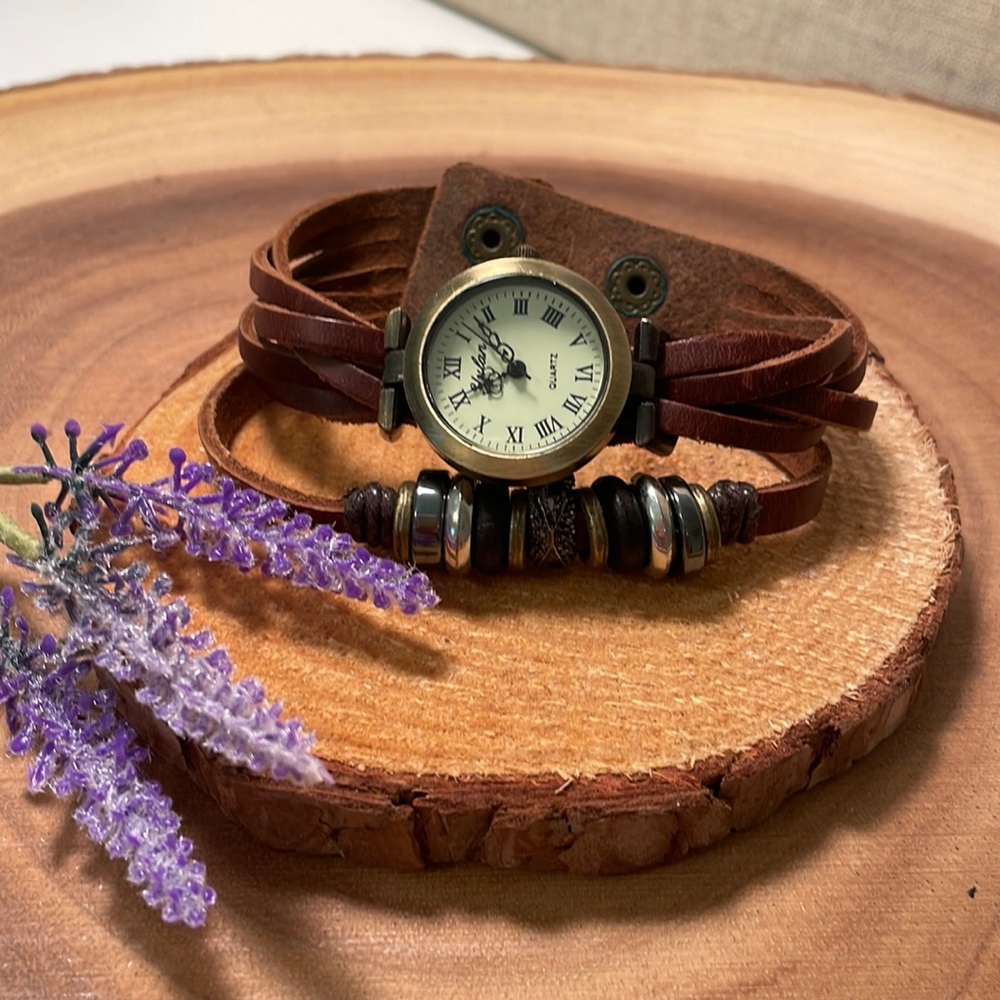 Double leather watch with beads. Adjustable for smaller & larger wrist.